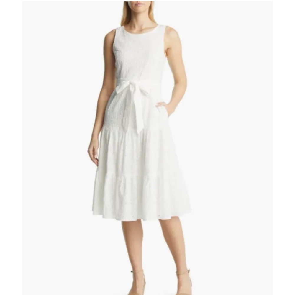 Tahari ASL Sleeveless Eyelet Tiered Dress in Ivory at Nordstrom White 2 bridal